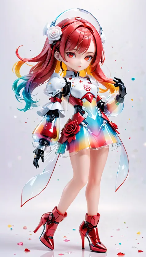 (Blind Box Spielzeug Stil:1.2),full body, solo,white background,(A female robot in a transparent White and red gradients rose dress, wearing gloves and high heels),(Chinese color,Very colorful), 3D