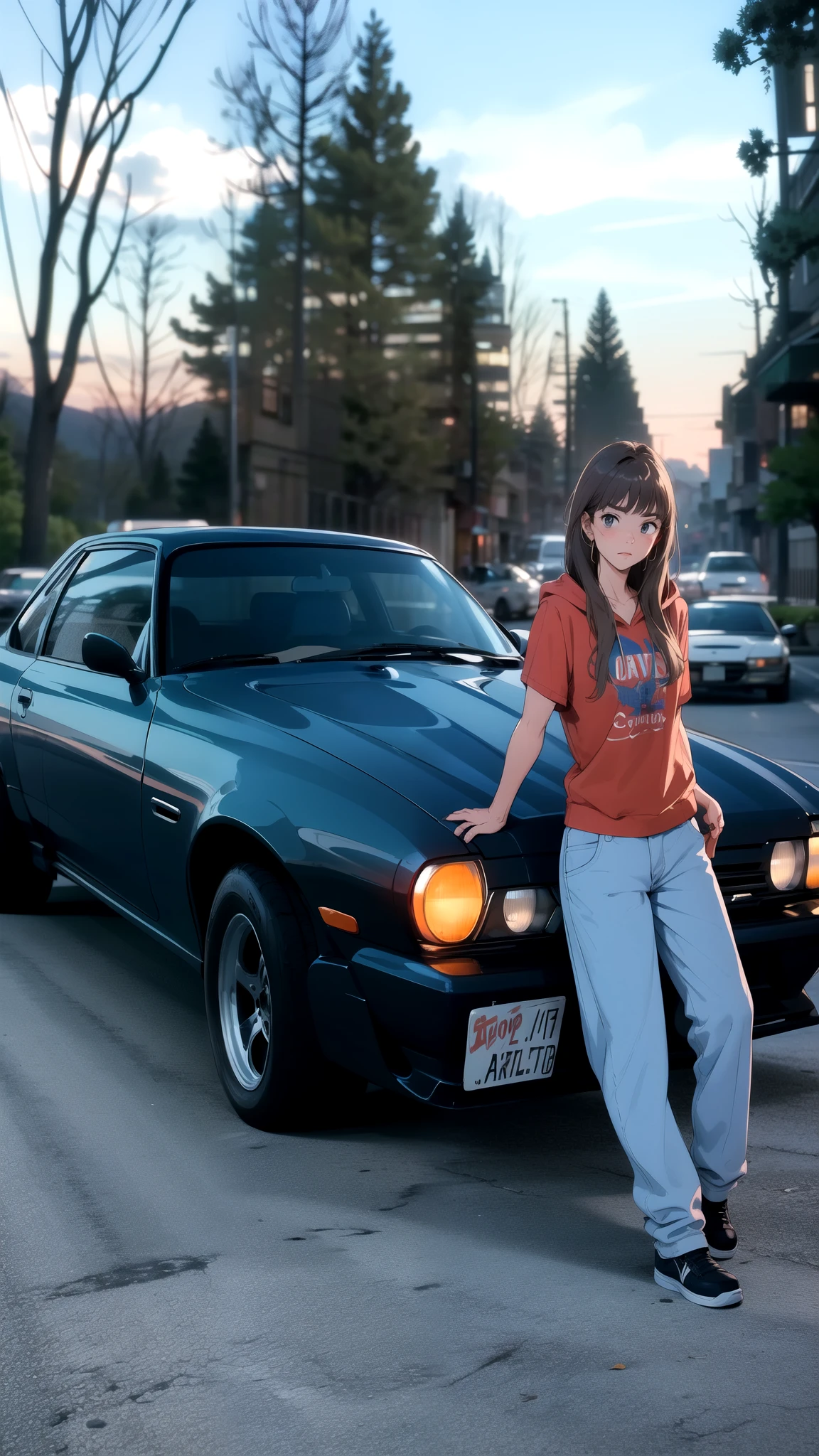 arafed woman leaning on a car with a hood on, by Dan Frazier, by Jeffrey Smith, by Ivan Trush, by Matthew Smith, sitting in her car, 😭 🤮 💕 🎀, profile picture, seventies era, muscle cars, by Drew Tucker, badass composition, holding a 🛡 and an 🪓, standing in front of lowrider