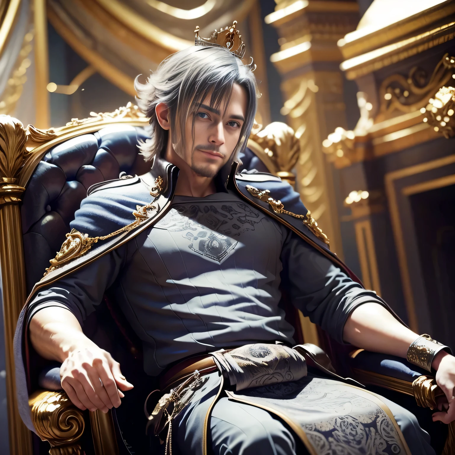 A handsome guy in a crown and robe sits on a throne, highly detailed 3D art