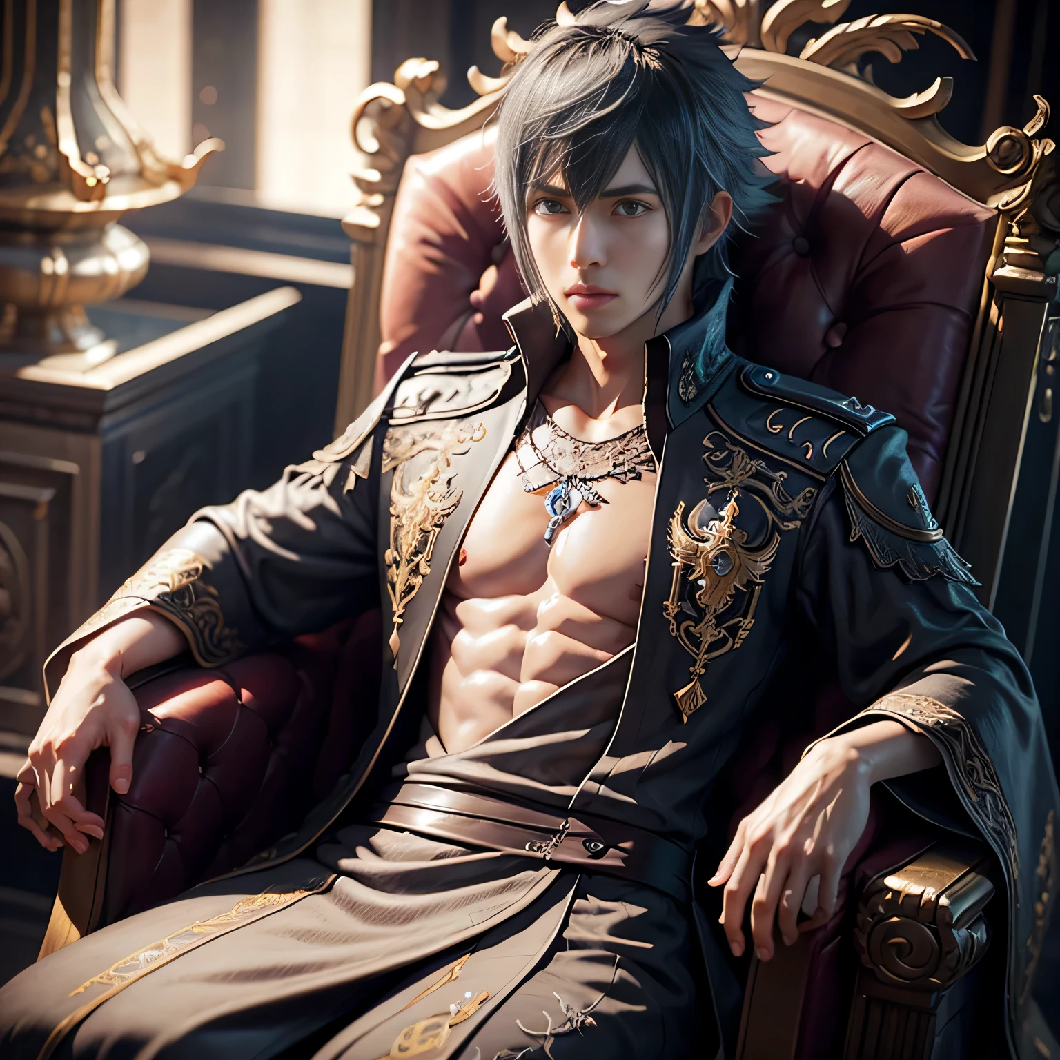 Final Fantasy Noctis wearing a crown and diadem wearing an embroidered robe sits on a throne, highly detailed 3D art