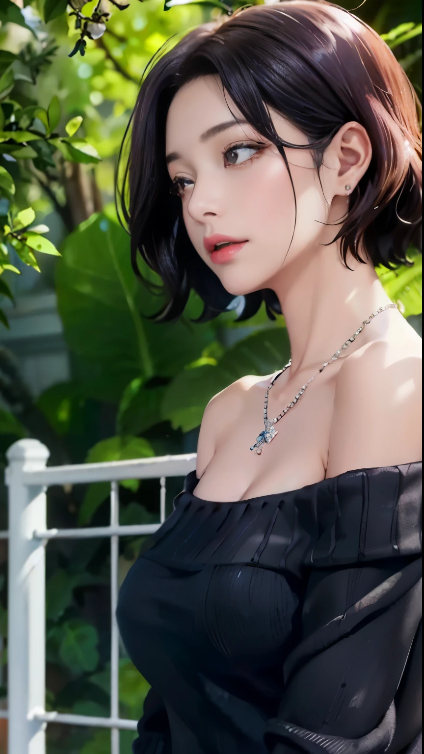 (highest quality),(1 Lady, alone, Upper body) Short Hair Blue Dark Hair Color, Off-shoulder long sweater、Clear double eyelids、Shoulder-length hair and compensate: nature, glowing skin, very big breasts, open your eyeature woman、(Sweat,vapor,Lower school year),open your mouth、small necklace、big earrings、Wet and shiny pink lipstick、compensate、、Twitching、From ~ side, naked man ,,~ side ,~ side ,Youghal,(full shot:1.8)