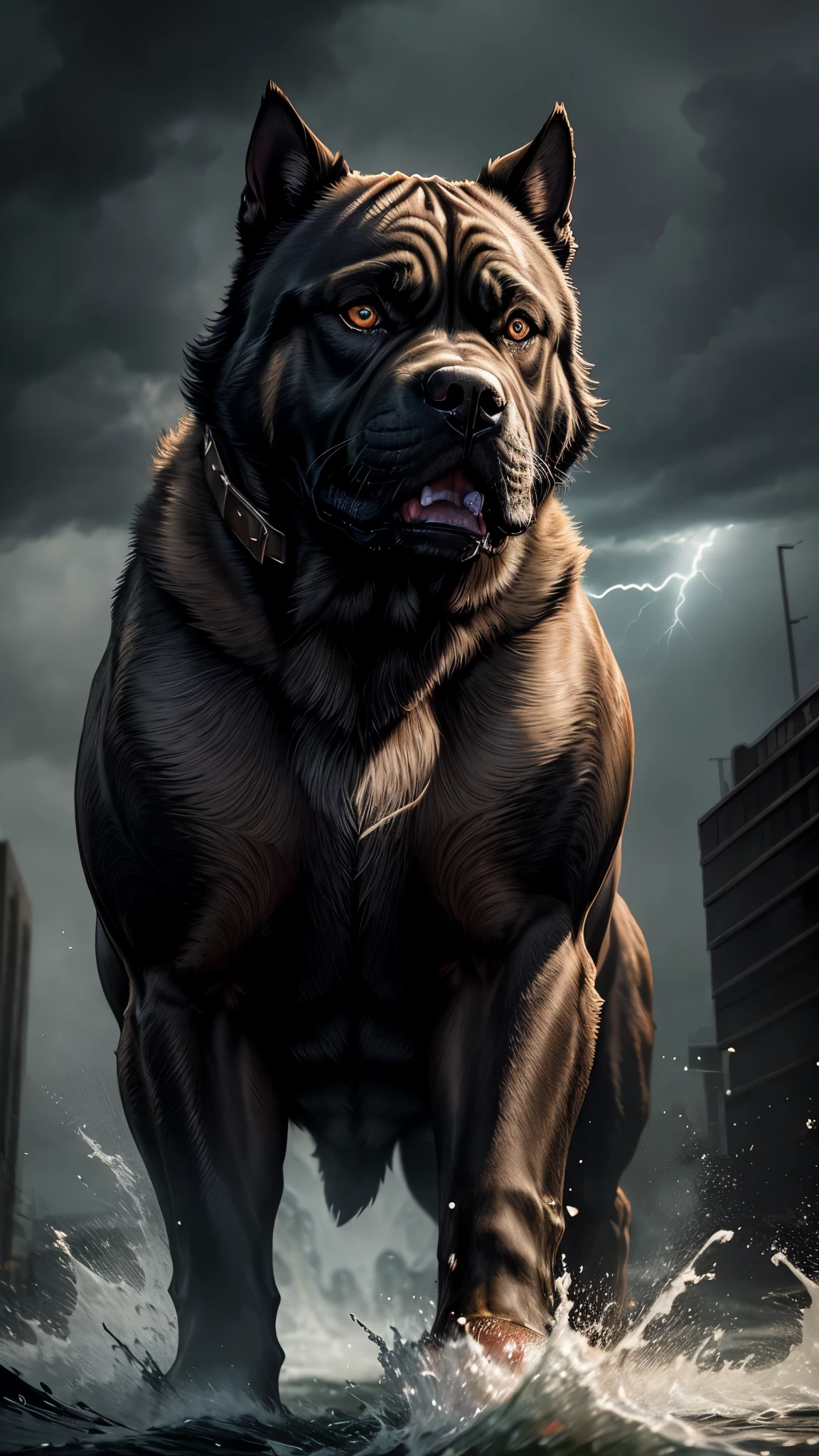 A fiercely snarling Cane Corso, its fur bristling with aggression, lightning crackling in the stormy background. This striking image captures the raw power and intensity of the canine in a photograph. The pitbull's fiery gaze and bared teeth convey a sense of danger and ferocity, while the dramatic setting adds an ominous atmosphere. The details are crisp and vivid, showcasing the quality of the composition and the artistry behind it. Viewer's attention is drawn to the dynamic contrast between the dog's menacing demeanor and the tumultuous weather, creating a visually compelling scene.