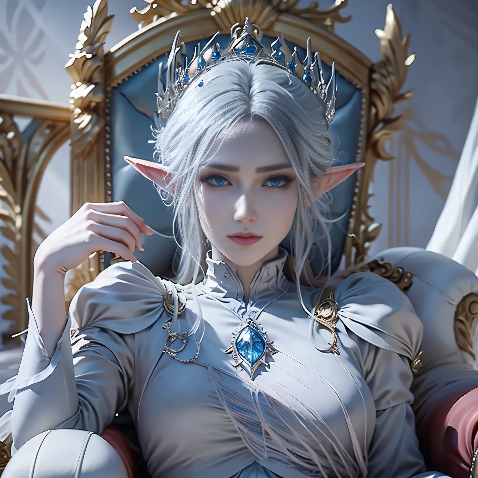 Ice prince elf on the ice throne art 3D anime art high detail clearly drawn hands face 