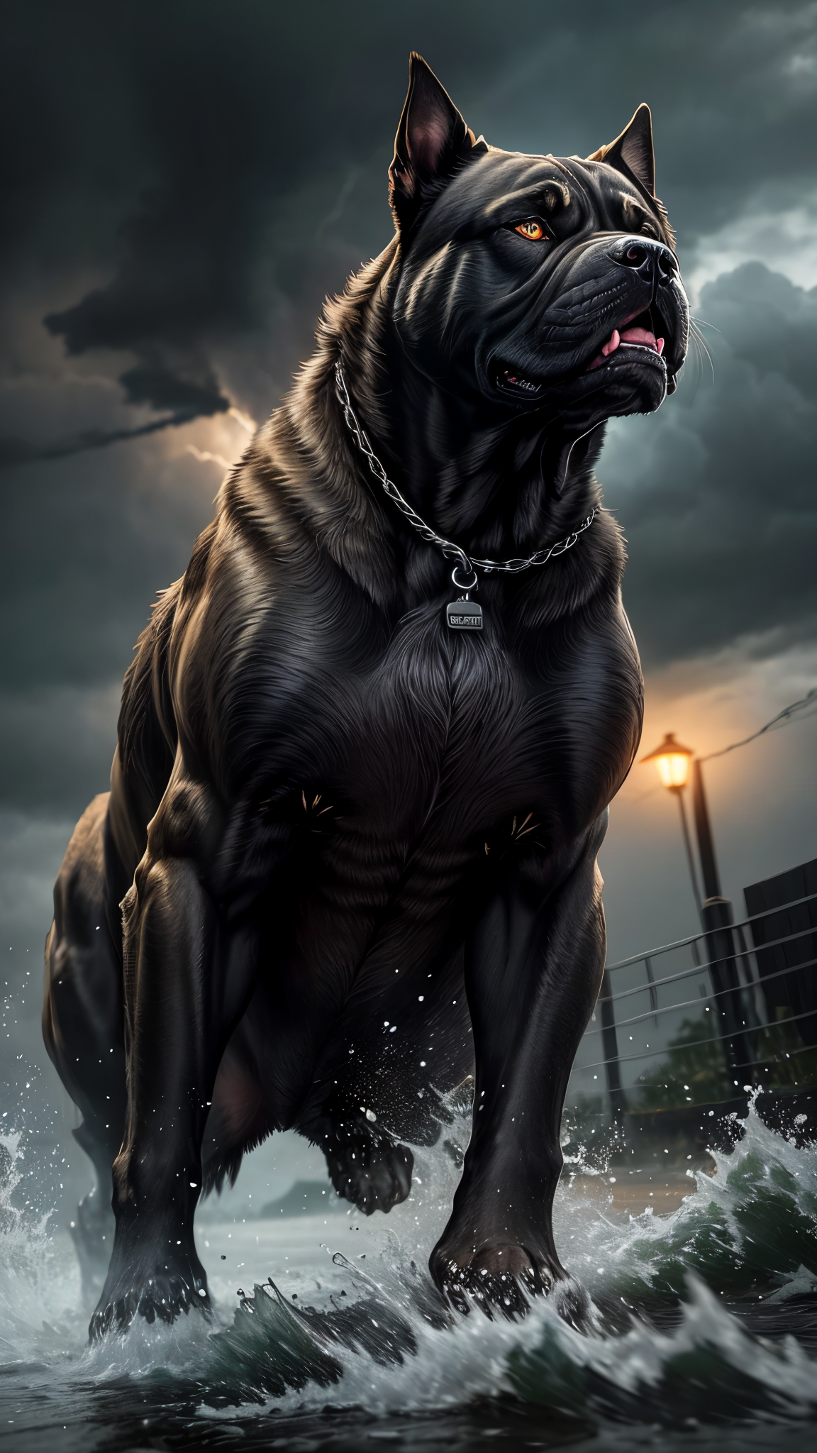A fiercely snarling Cane Corso, its fur bristling with aggression, lightning crackling in the stormy background. This striking image captures the raw power and intensity of the canine in a photograph. The pitbull's fiery gaze and bared teeth convey a sense of danger and ferocity, while the dramatic setting adds an ominous atmosphere. The details are crisp and vivid, showcasing the quality of the composition and the artistry behind it. Viewer's attention is drawn to the dynamic contrast between the dog's menacing demeanor and the tumultuous weather, creating a visually compelling scene.