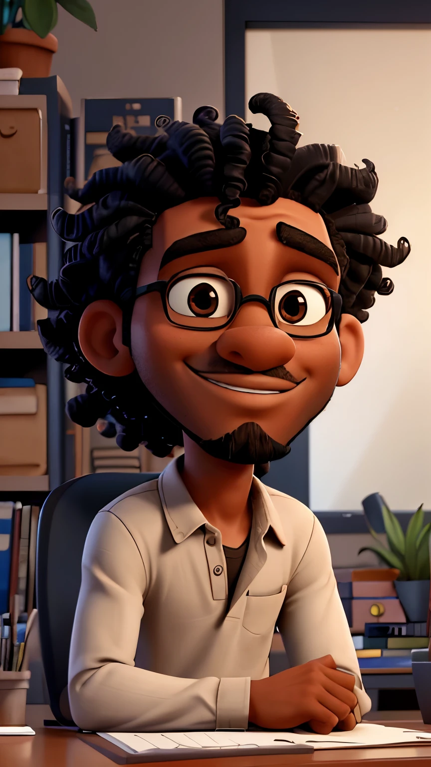 render of a black man with bearded pointy chin, small ears, squinty almond shaped eyes, high cheekbones, wavy curly hair, wearing a casual shirt, sitting at a desk in a modern office with a laptop with soft warm lighting and plants and bookcases in the background in the style of disney pixar
