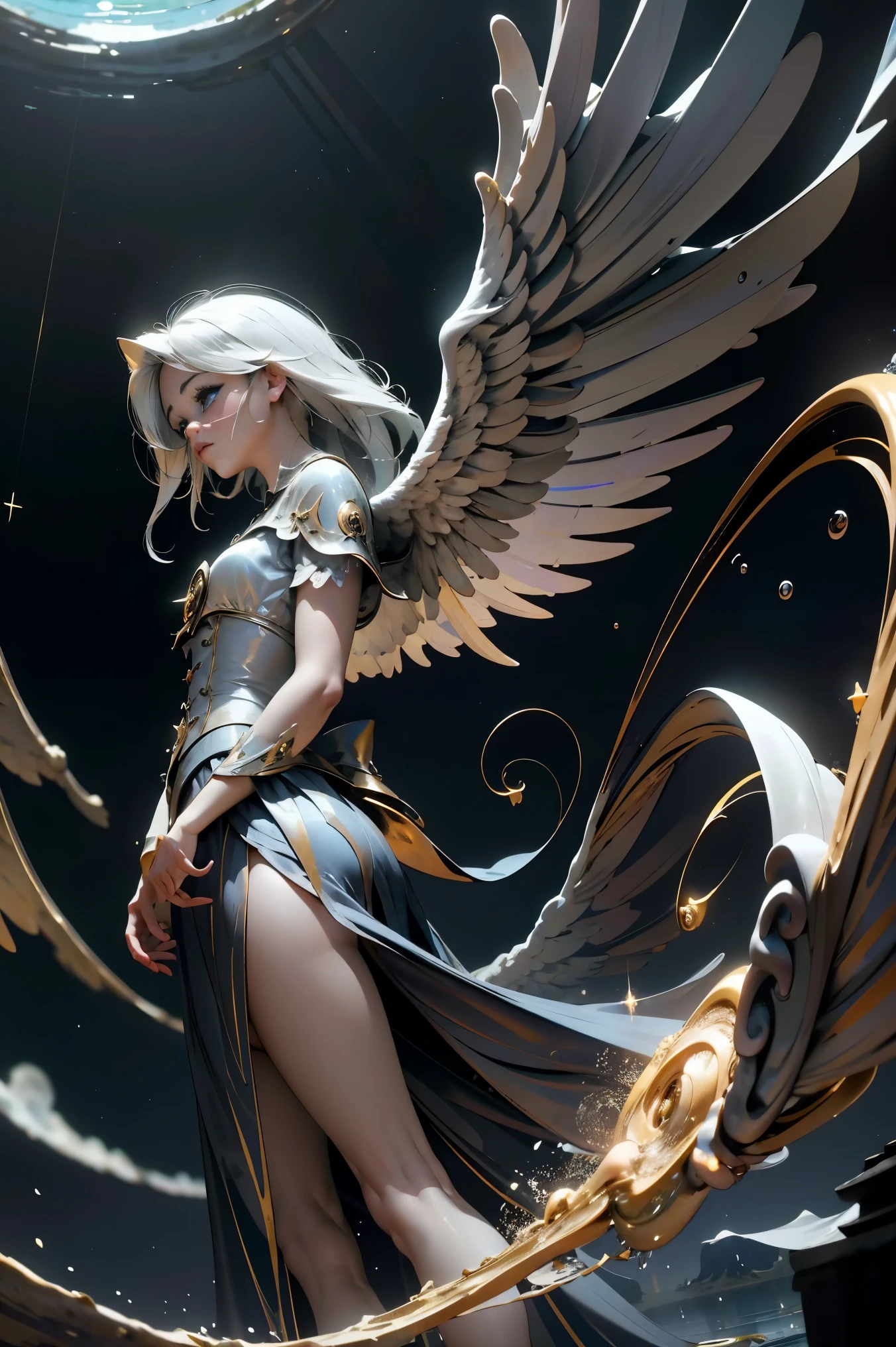 Masterpiece, (The best quality:1.2), [:intricate details:0.2], 1 girl, BIG BREASTS, angel, angel wings, white ruffles, (daytime sky), bright aura, intense concentration, crackling energy, mysterious symbols, bright specks,