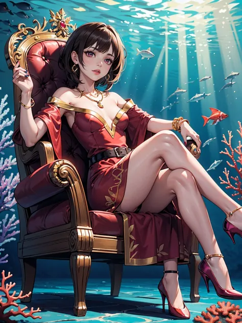 ((1girl, solo ,alone, megumin, short hair, red eyes, brown hair, ((short woman, small breasts)), painted nails, gold bracelets, ...