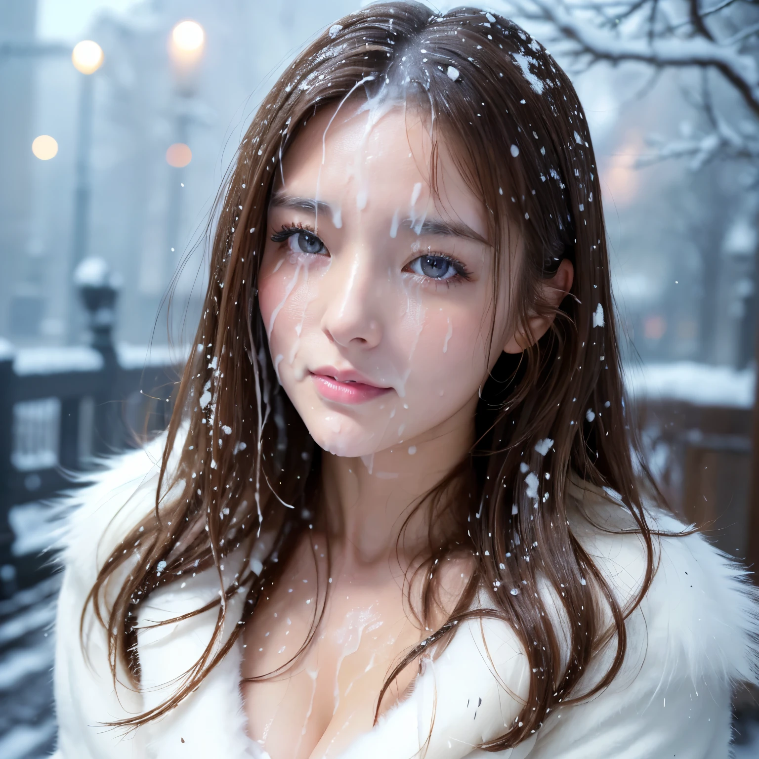 (table top、highest quality、8k、Award-winning work、ultra high resolution)、one beautiful woman、(Elegant thick fur coat made with a large amount of fur:1.2)、Exactly、brown hair、blonde、big cleavage、Very long wavy hair、epic movie lighting、(romantic love feelings:1.1)、(The most romantic and moody atmosphere:1.1)、winter、snow scene、It&#39;s snowing、(Walking through the snowy streets of Norway:1.2)、look at me、(Big breasts that are about to burst:1.1)、(Most emphasize the body line:1.1)、very long hair、blurred background、accurate anatomy、ultra high definition hair、ultra high resolutionの完璧な美しい歯、Ultra high definition beauty face、ultra high definition hair、Super high-definition sparkling eyes、輝くultra high resolutionの美肌、ultra high resolutionの艶やかな唇、(close up of face:1.3)、(face covered in semen:1.8)