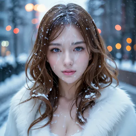 (table top、highest quality、8k、Award-winning work、ultra high resolution)、one beautiful woman、(Elegant thick fur coat made with a ...