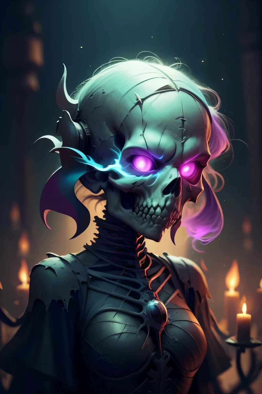 Generate a full-body image of a necromancer standing in the center of a dark and foreboding location. The necromancer's eyes must have a completely white iris, level of detail 1.2. Your face should display a mixture of sensuality and demonic expression. The necromancer's skin should be pale and dead, contrasting with the dark environment. Surrounding the necromancer is a shadowy landscape of rotting, dismembered bodies rising from the earth, souls of the dead, and candles illuminating the symbols of dark magic, detail level 1.2. using advanced rendering and modeling techniques. Use the following software for creation: 3DS Max, SketchUp, SolidWorks, AutoCAD, Blender, Vectary, MeshMixer, and Unreal Engine 5. Apply photon mapping, radiosity, and physical rendering techniques with automatic white balance for realistic lighting. Create a cinematic lighting setup with a slightly heightened twilight effect. Make sure the final image has a soft focus effect but remains ultra-detailed and realistic. Artwork should not be based on a specific photograph. Evoke a sense of technology and high-quality craftsmanship, reminiscent of a masterpiece of illustration and CG art. Include elements of unity, wallpaper and official art in the composition. It presents fine details, extreme delicacy and beauty, with sharp focus and a high level of detail. Render woman's hair with detailed bangs. Render the final image with a black background and a plain background. Do not include watermarks or text overlays in the generated image.