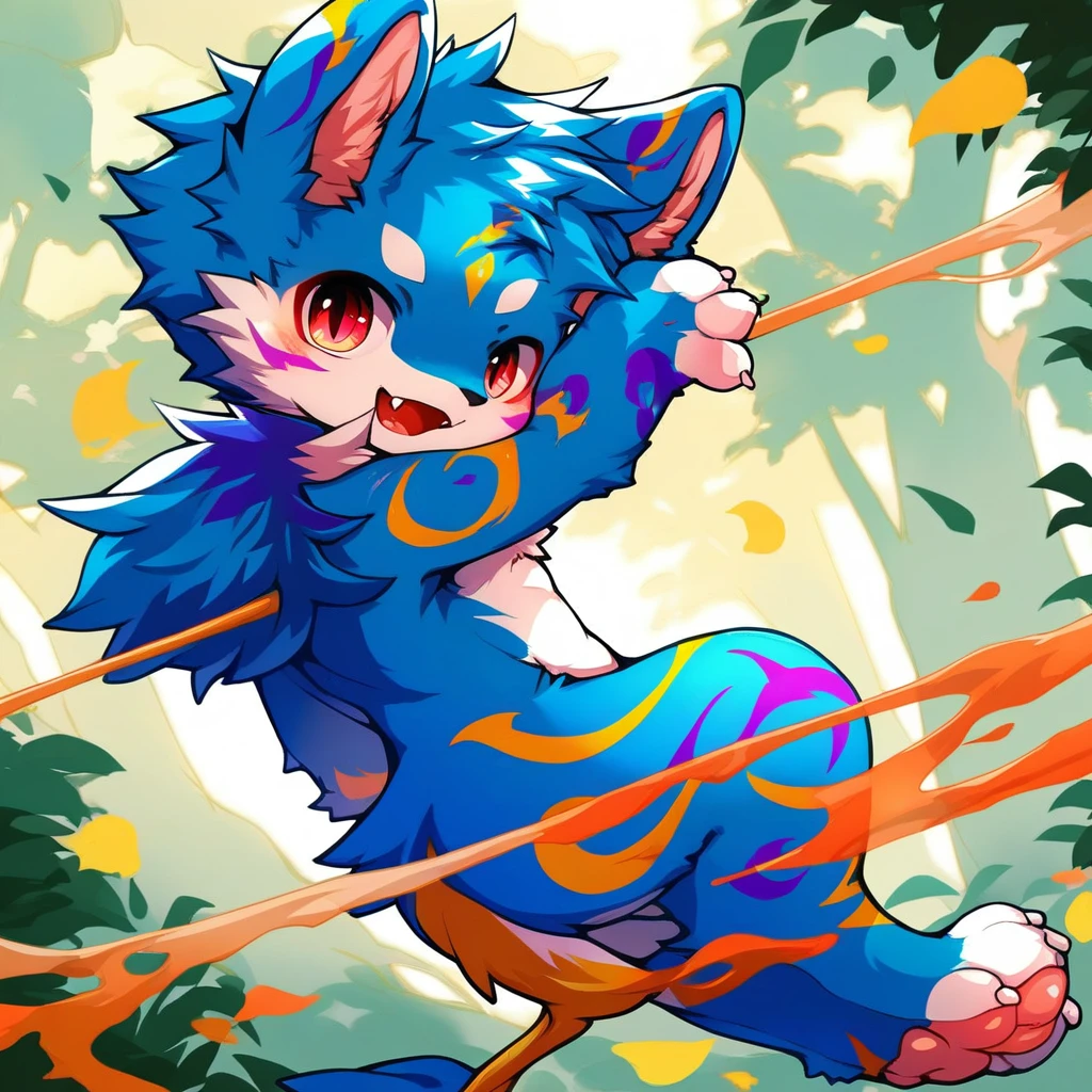 score_7_up, score_6_up, score_5_up, score_4_up, source_furry, no human BREAK from side, line art, anime, by huolongguo, bodypaint, blue fur, solo, furry,1boy, (cub), digitigrade, 4 finger, fangs, forest background