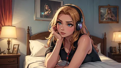 Beautiful realistic cinematic headphones of woman looking at camera in her room.