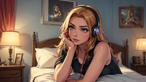 beautiful realistic cinematic headphones of woman looking at camera in her room.