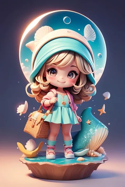 Photoreal、whole body、chibi girl、Reflecting the image of the sea in clothing、Seashell Accessories、smile、cute shoes、whale bag