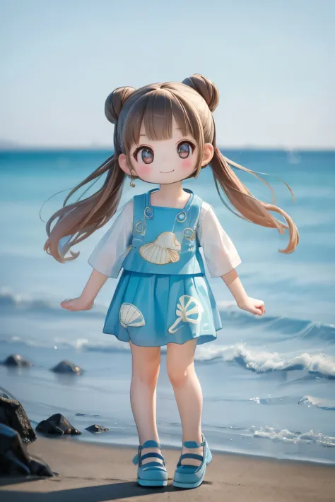 Photoreal、whole body、chibi girl、Clothes with sea scenery printed on them、Seashell Accessories、smile、cute shoes