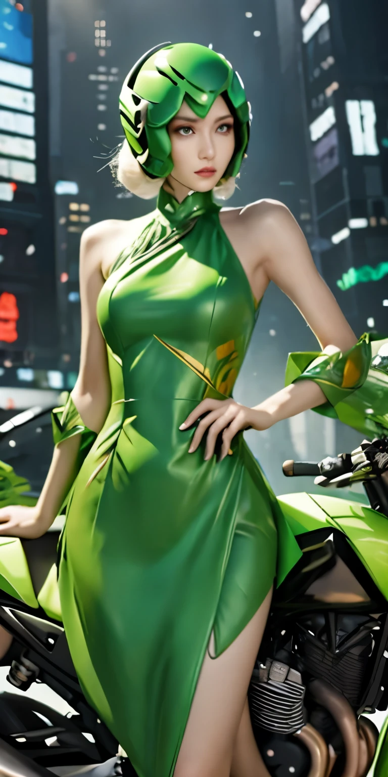 best image quality, excellent details, ultra high resolution, (realism: 1.4), best illustrations, Favor details, condensed 1girl, With a delicate and beautiful face, Dressed in a black and green mecha, wearing a mechanical helmet, with directional controller, riding a motorcycle, The background is a high-tech lighting scene of a futuristic city.