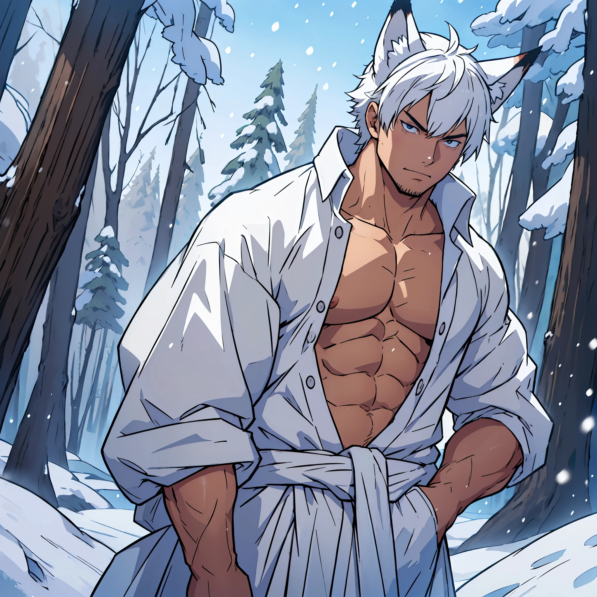 Anime guy with white hair and a white robe standing in the snow - SeaArt AI