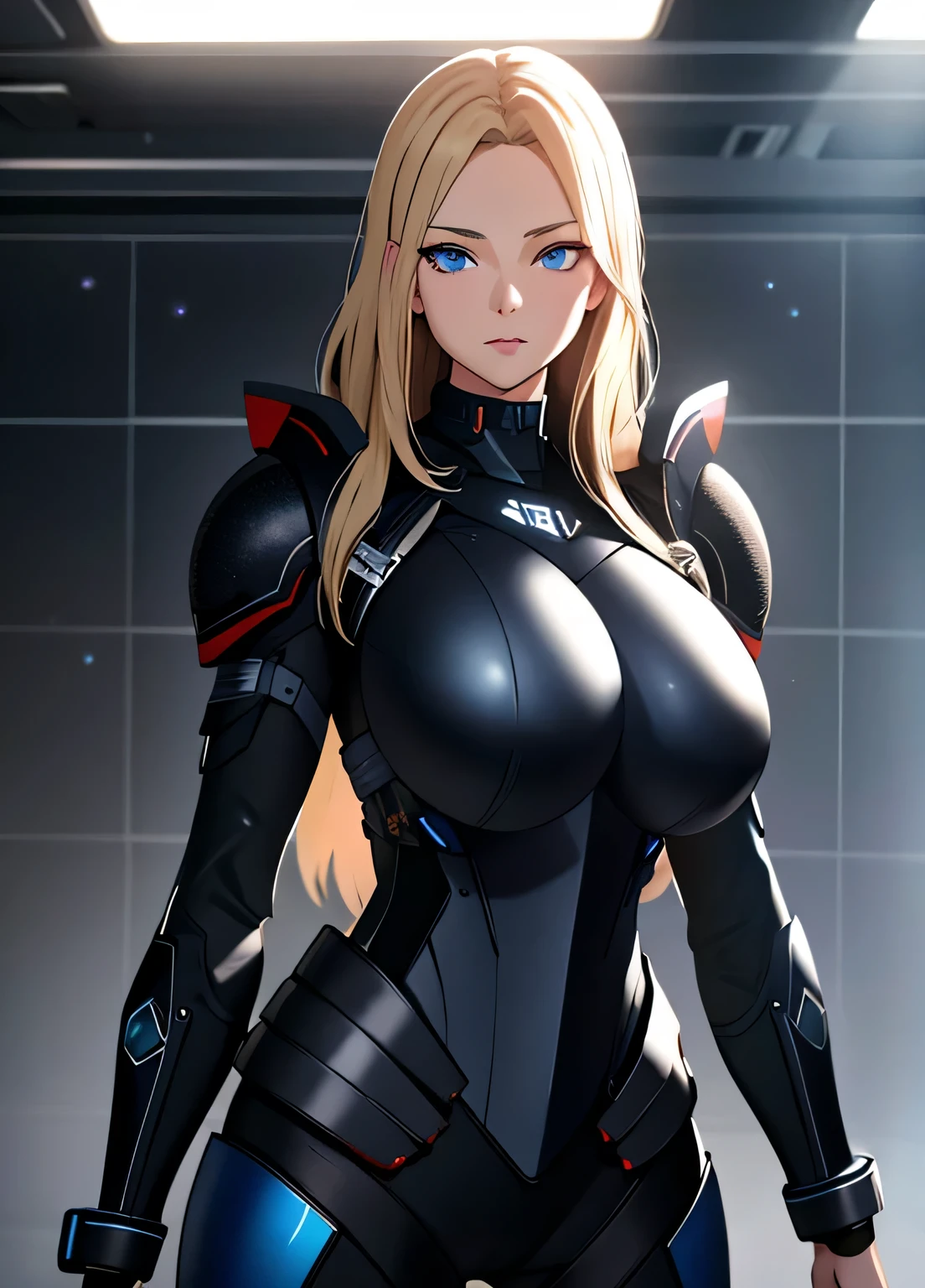 black sci-fi armor, blonde hair,  blue eyes, gigantic breasts, black pistol, solo, standing, ultra-detailed(best quality,highres:1.2), ultra-detailed eyes