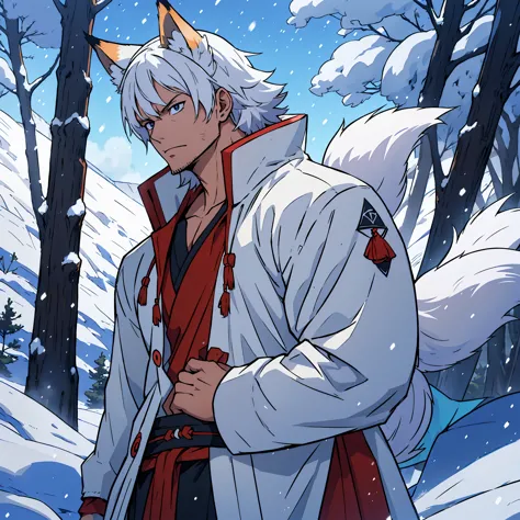 anime guy with white hair and fox ears and collar, (whole body), young guy, hair with modern bangs, masculine but young, no bear...