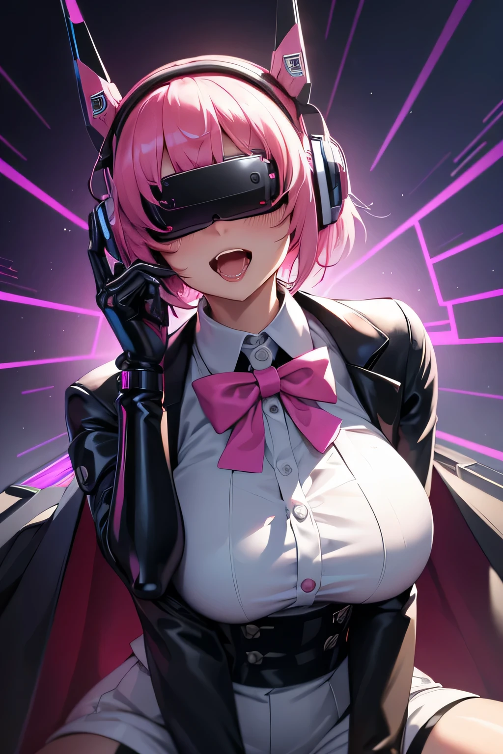 Anime cyborg girl sitting in a pilot seat wearing a virtual reality headset covering her eyes on her face with machinery and tubes and wires going inside her head and brain, (Best quality,highres:1.2), ultra-detailed, (realistic:1.3), cyberpunk, futuristic, portrait, shiny revealing latex outfit, cyber implants, virtual reality, drooling face, cables plugging into brain, shirt collar, bowtie, formal clothing, open mouth smile, facing viewer, girl is vibrating, glowing virtual reality headset, relaxed expression, blushing, cyber future formal wear, cyberpunk, futuristic, brain drain, cyber implants, virtual reality, drooling face, virtual reality headset covering eyes,  school uniform, big collar, high collar, open mouth smile, pleasured face expression, skin tight clothing, big shirt collar, big bowtie, biggest breasts in the world, light-emitting cable connected to brain, head antennas, oversized headphones, breasts are vibrating, open mouth drooling, pleasured expression, red face blush, cyborg, android, mechanical creature, mechanical torso, futuristic cyberpunk cyborg body, slim futuristic android, glowing lights on girls body, power cells, head is emitting pink light, formal shirt collar, big formal bowtie, school uniform, glowing nipples, big shirt collar, high collar, white collar, electrocution, girl being electrocuted, electricity, electricity sparks, pink hair, short hair, neon pink hair, body modification, orgasm, pleasure, (VR headset covering the eyes), pointing index finger up, half smile, excited expression, girl has a genius idea, pointing index finger upward, a mass of cables connected to the girl's brain, white suit coat, black vest, white dress shirt