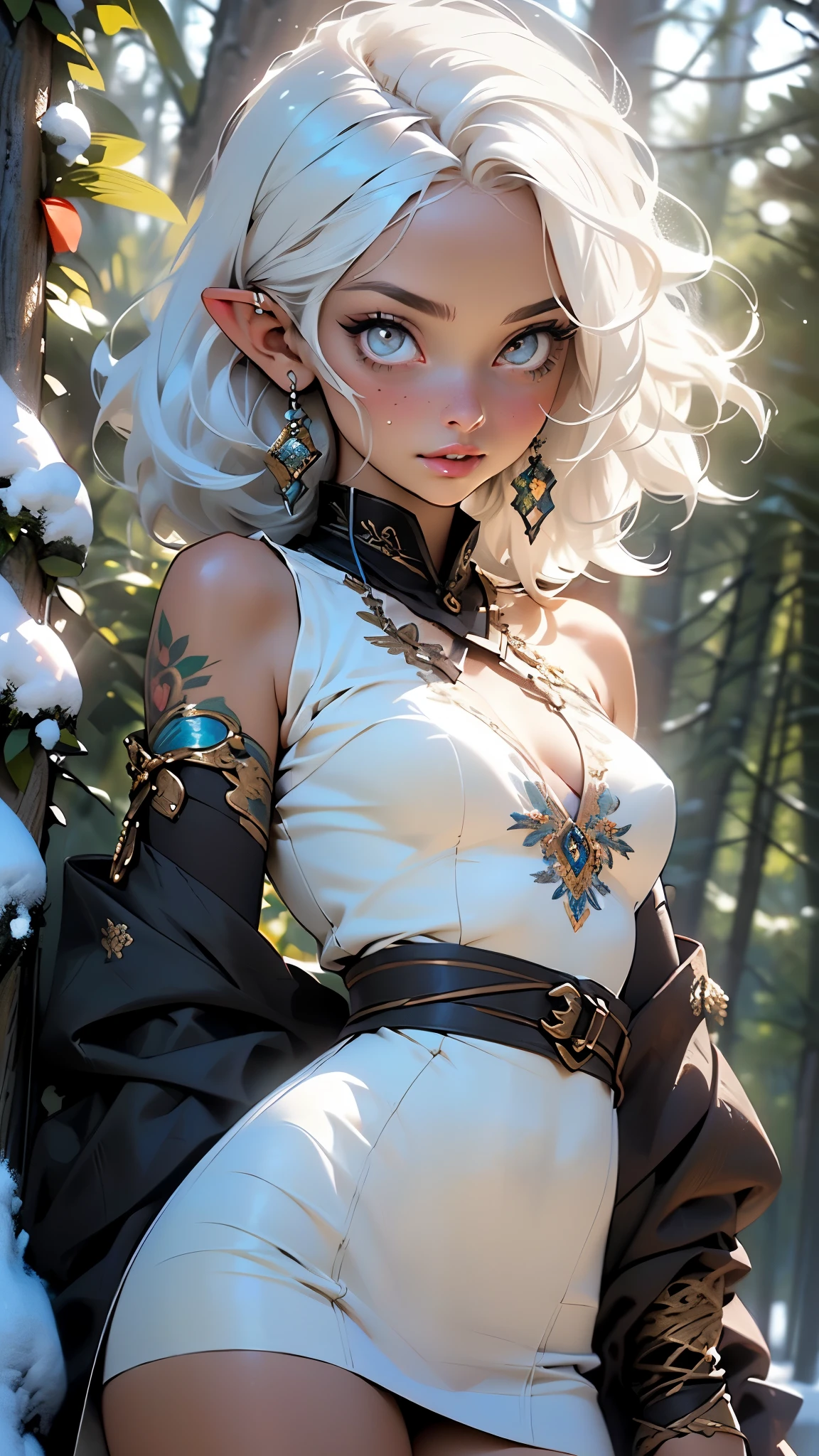 cute  elf,(((little ,tiny little body,little))),(((6 years old))),((anime elf  with extremely cute and beautiful white hair)), (((elf))), (((elf ears))),

(((flat chest))),((((white hair:1.35,white large hair slicked to the side, extremely detailed,colored inner hair,ear breathing)))),(((white _eyes:1.3))),intricate eyes,beautiful detailed eyes,symmetrical eyes,big eyes:1.5,(((lustrous skin:1.5,bright skin: 1.5,skin tanned,shiny skin,very shiny skin,shiny body,plastic glitter skin,exaggerated shiny skin,illuminated skin))),(detailed body,(detailed face)),

cute,slutty,erotic,daring,((nsfw)),

(luminous amulet:1.5),(striped clothes:1.5,stripes),zettai ryouiki,revealing clothing,show skin,(wearing rustic [robes|armor] with golden embroidery), purple facial tattoos, tied hair, exposed chest, exposed shoulders, exposed belly button, exposed thighs, diamond necklace,(semi-naked,with little clothing),(((white clothes,white outfit,intricate outfit,intricate clothes,embroidered outfit,ornate outfit,embroidered clothes,ornate clothes))),

(dynamic pose:1.0),embarrassed,(centered,scale to fit dimensions,Rule of thirds),

((snowy pine forest)),winter,scenery:1.25,((intricate scenery)),((snow forest background)),

(Glossy winter ornaments),highres,sharp focus,(ultra detailed,extremely detailed),(photorealistic artwork:1.37),(extremely detailed CG unity 8k wallpaper),(((vibrant colors,vibrant theme))),(intricate),(masterpiece),(best quality),artistic photography,(photography taken by sldr),(intricate background),perfect rendered face,perfect face details,realistic face,photo realistic,((intricate detail)),(((realism))),
