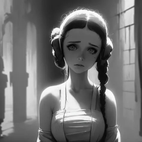 princess leia(age 20) in a white dress, prisoner, bleak torture chamber, scary torture droids, offering to please darth vader se...