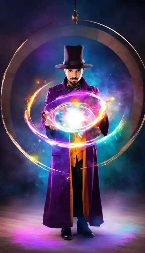 a magic circle create by magician, a very cute magician with the colourfull robe and clothes, the magician looking at viewer 