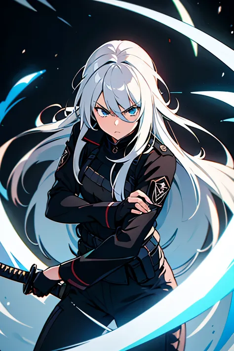 Girl with long white hair with black highlights, blue eyes, black pants, black tactical blouse, katana in her hands, serious loo...