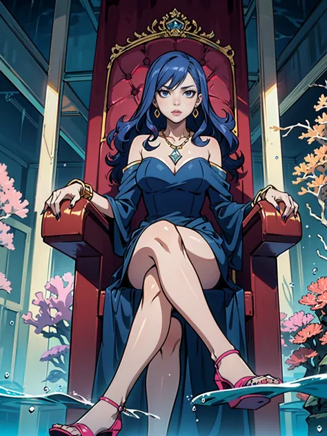 ((1girl, solo ,alone, juvia lockser, 1girl, solo, long hair, blue hair, blue eyes, painted nails, gold bracelets, ruby earrings)...