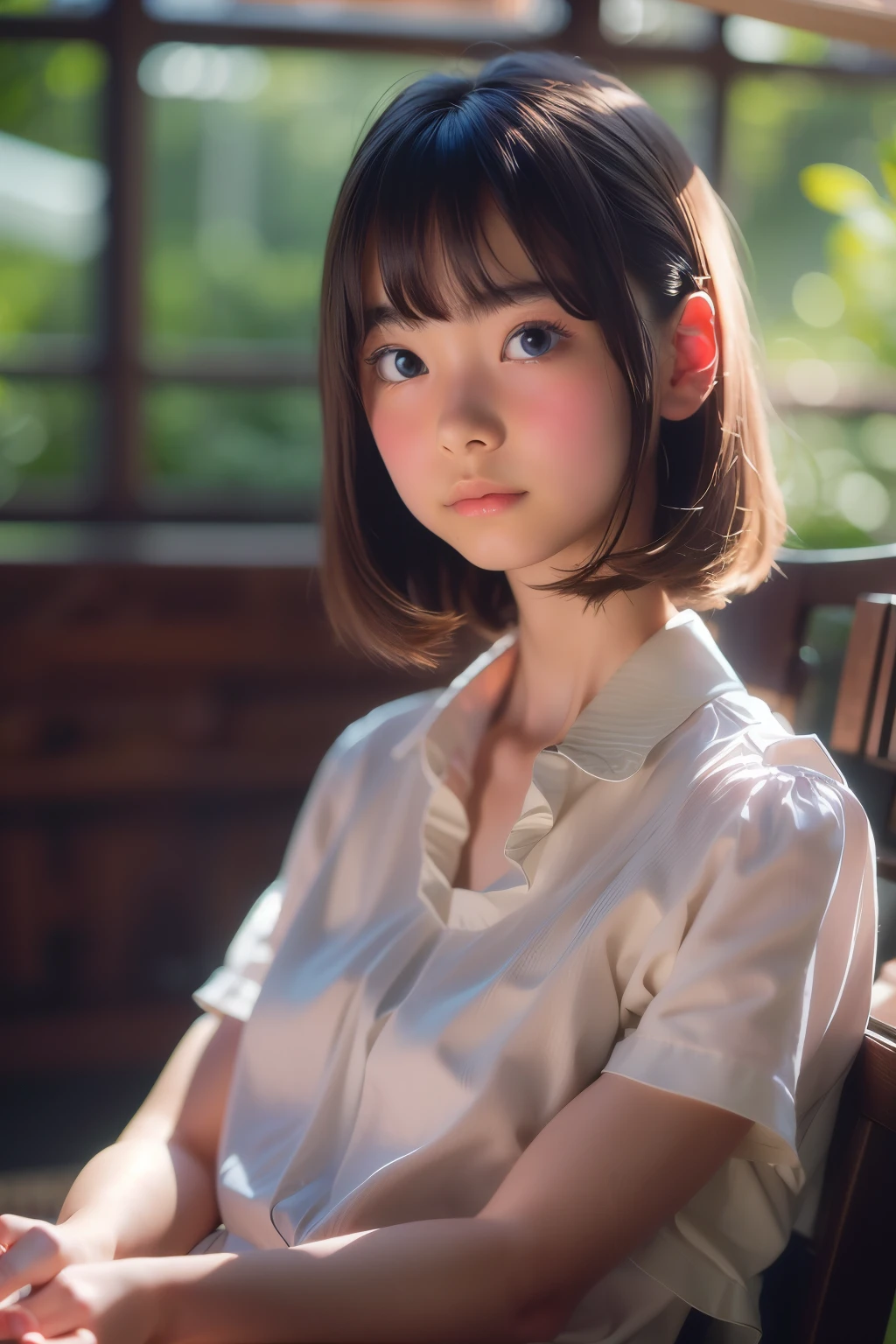 ((sfw: 1.4)), ((sfw, (chair) , (sitting) , blouse, 1 Girl)), Ultra High Resolution, (Realistic: 1.4), RAW Photo, Best Quality, (Photorealistic Stick), Focus, Soft Light, ((15 years old)), ((Japanese)), (( (young face))), (surface), (depth of field), masterpiece, (realistic), woman, bangs, ((1 girl))