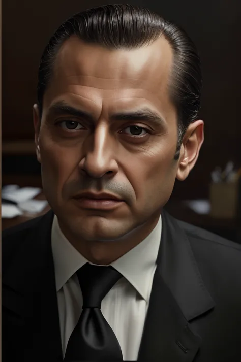 beautiful oil matte portrait painting, mafia boss at his 50s new york office desk, wonderful masterpiece highly detailed, beauti...