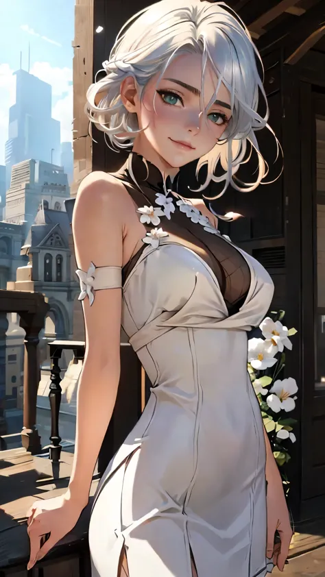Dressed in an elegant tight dress (black and white flowers)