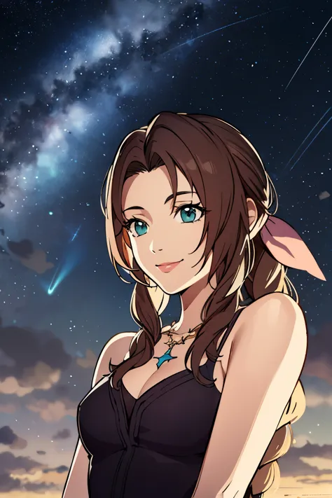 ff10 aerith, looking at the starry sky, from below, high resolution, upper body, smiling, shy,