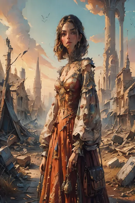 a woman in a dress standing in a ruined city, beautiful character painting, highly detailed fantasy art, stunning character art,...