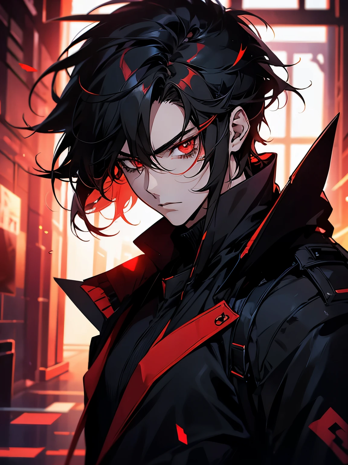 hight resolution, close range、Anime boy with black hair and red eyes staring at camera, Glowing red eyes, dressed in a black outfit, Shadow Body, de pele branca, monochromes, hair messy, Straight face、Diagonal angle