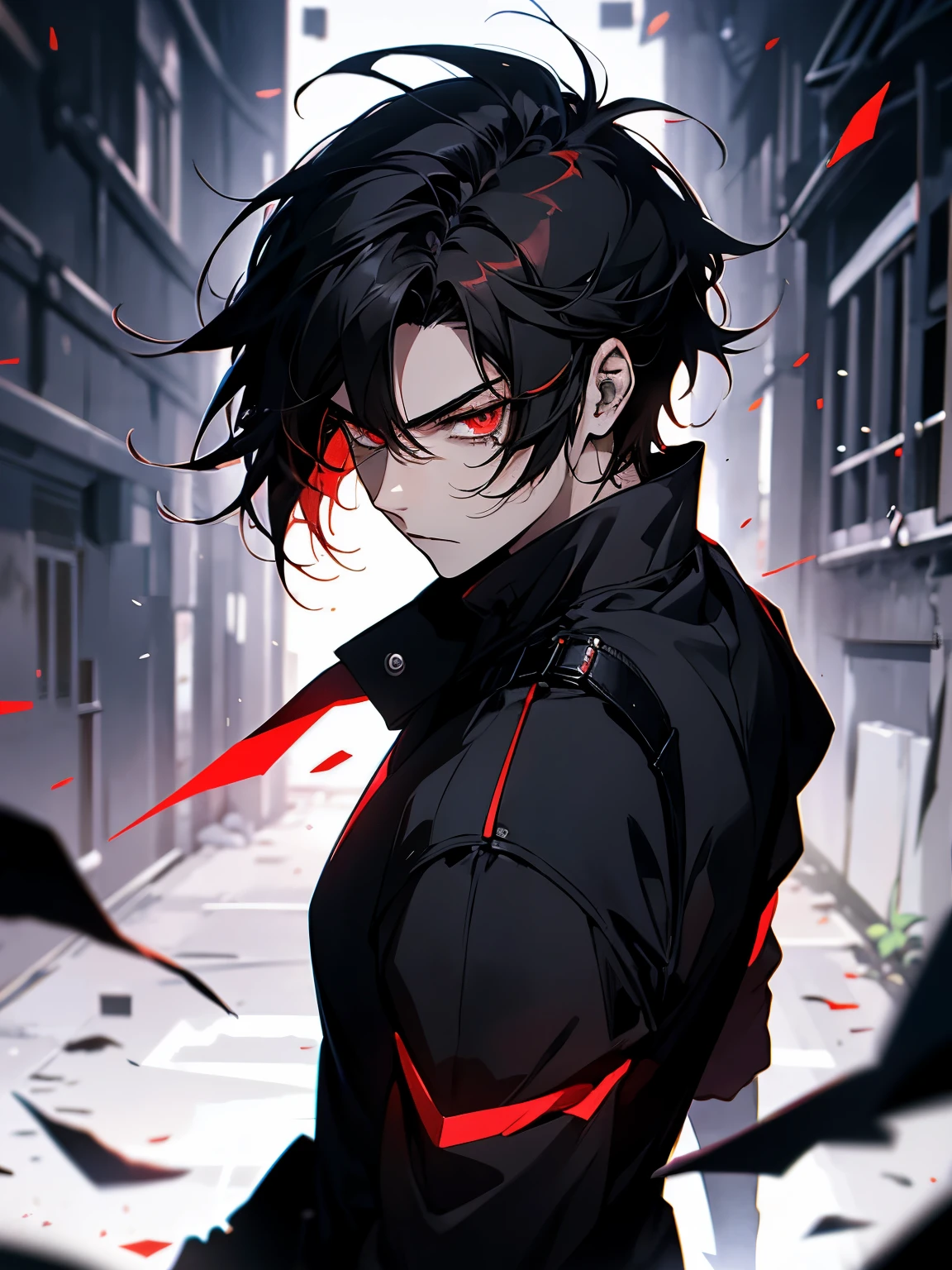 hight resolution, close range、Anime boy with black hair and red eyes staring at camera, Glowing red eyes, dressed in a black outfit, Shadow Body, de pele branca, monochromes, hair messy, Straight face、Diagonal angle
