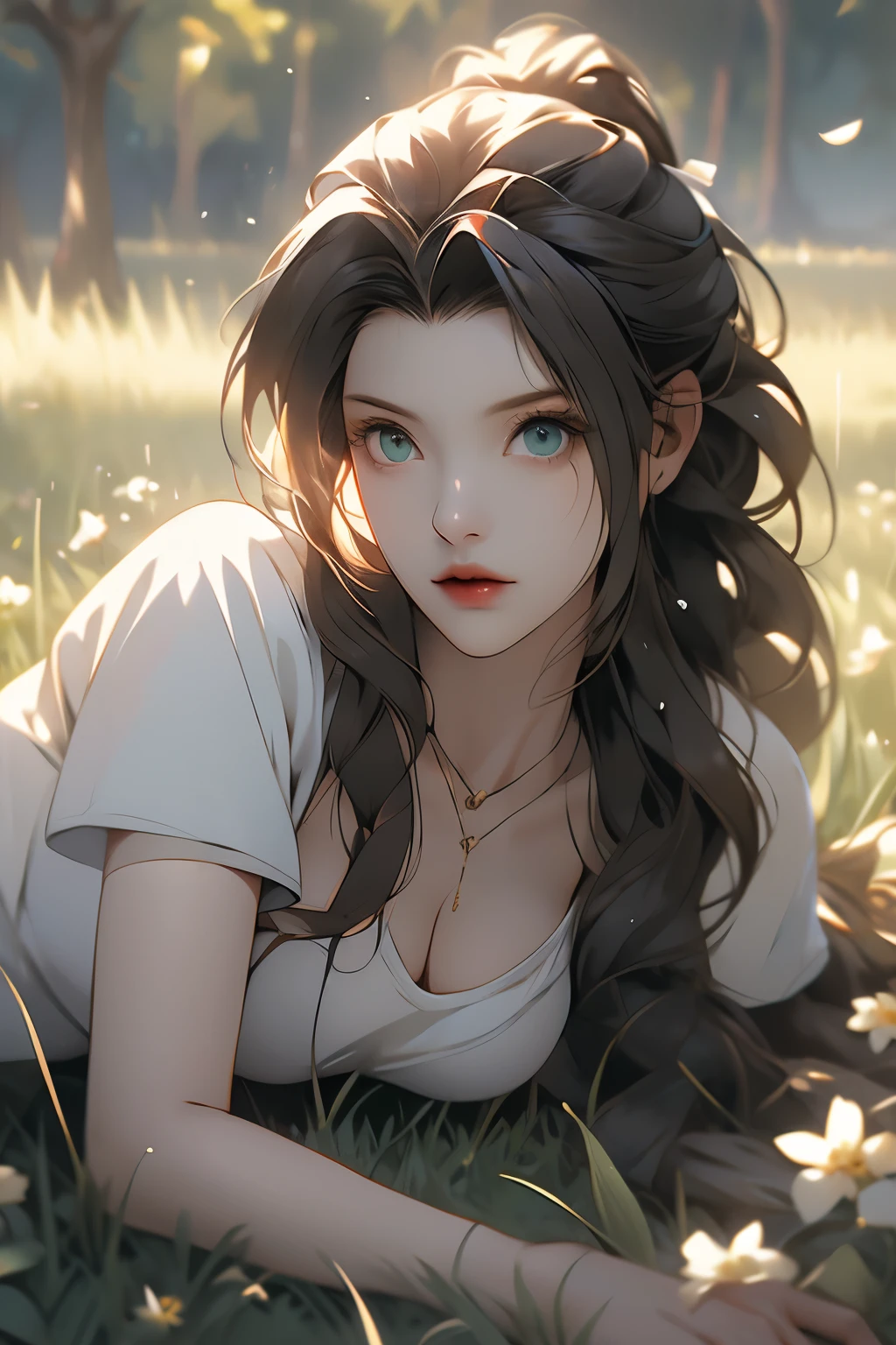 FF10 Aerith, lying on the grassland, high resolution, surrounding herself with soft light, looking at the viewer,