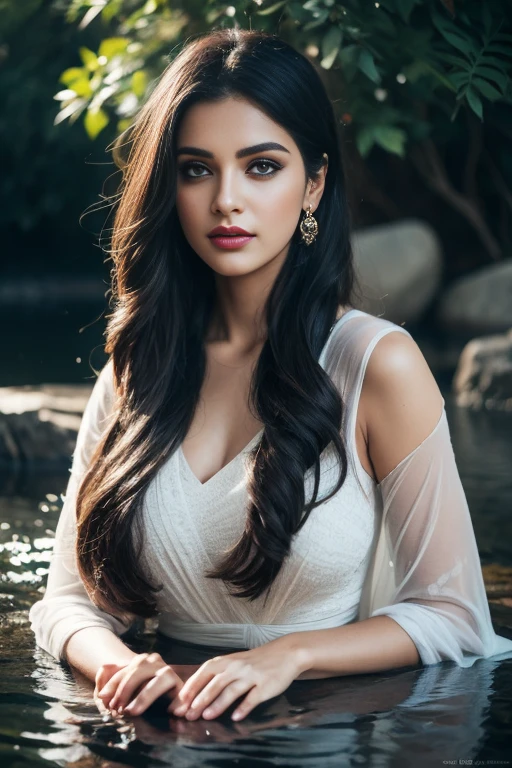 Portrait of A confident-looking indian woman with long flowing hair, hazel eyes, with flowing colourful capes, c-cup breast, perfect fit body and shape, sitting in water, waterfall background, bokeh, bokeh perfect composition, hyperrealistic, super detailed, 8k, high quality, trending art, trending on artstation, sharp focus, studio photo, intricate details, highly detailed, art by greg rutkowski