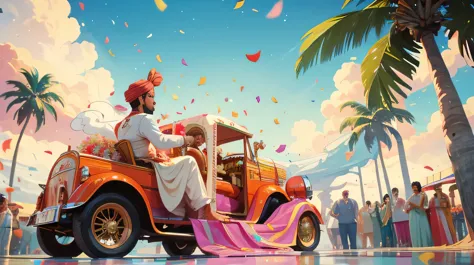 groom riding in white vintage car in indian baraat ceremony, palm trees, confetti in the air, color smoke is in the air