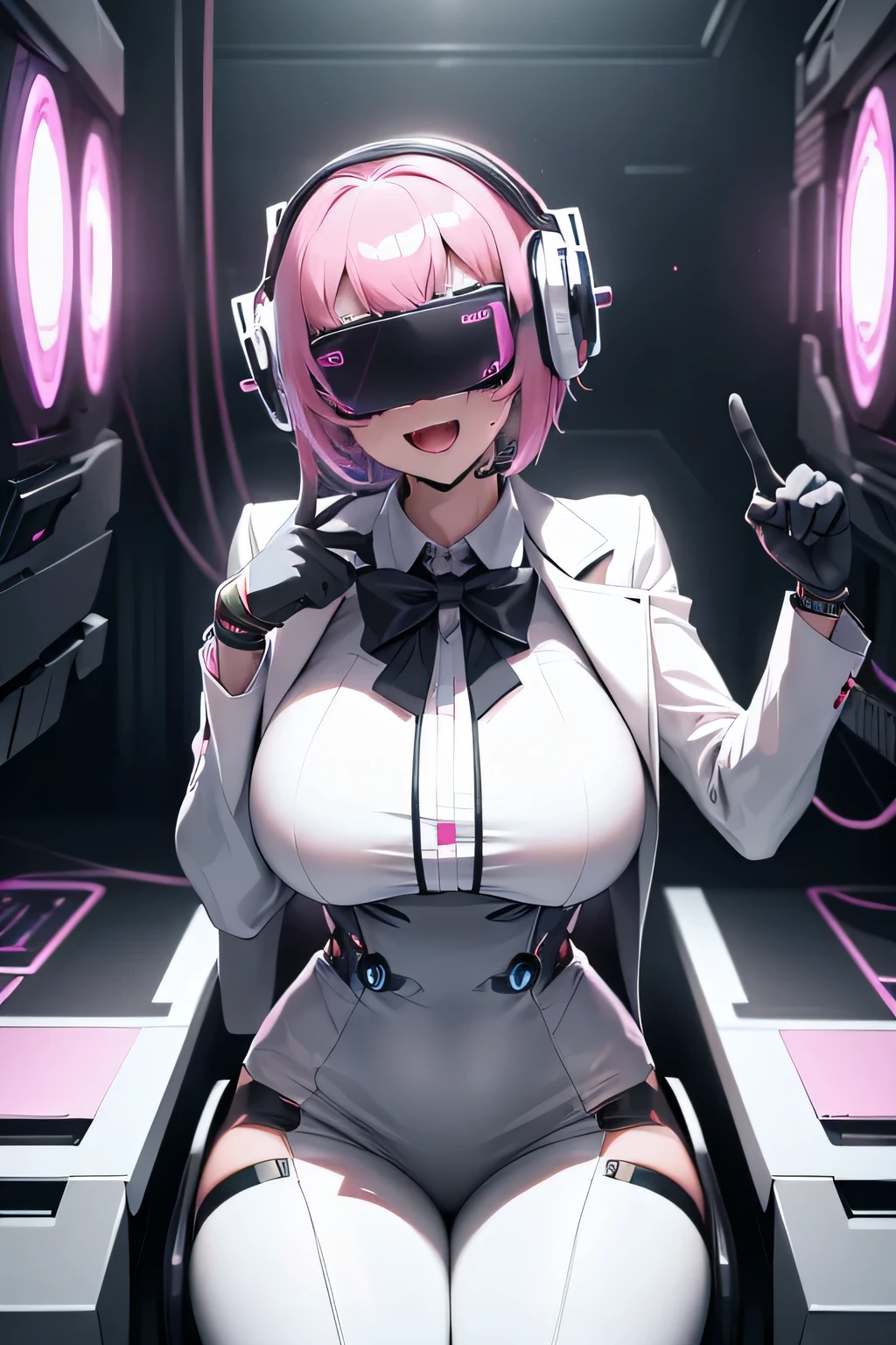 Anime cyborg girl sitting in a pilot seat wearing a virtual reality headset covering her eyes on her face with machinery and tubes and wires going inside her head and brain, (Best quality,highres:1.2), ultra-detailed, (realistic:1.3), cyberpunk, futuristic, portrait, shiny revealing latex outfit, cyber implants, virtual reality, drooling face, cables plugging into brain, shirt collar, bowtie, formal clothing, open mouth smile, facing viewer, girl is vibrating, glowing virtual reality headset, relaxed expression, blushing, cyber future formal wear, cyberpunk, futuristic, brain drain, cyber implants, virtual reality, drooling face, virtual reality headset covering eyes,  school uniform, big collar, high collar, open mouth smile, pleasured face expression, skin tight clothing, big shirt collar, big bowtie, biggest breasts in the world, light-emitting cable connected to brain, head antennas, oversized headphones, breasts are vibrating, open mouth drooling, pleasured expression, red face blush, cyborg, android, mechanical creature, mechanical torso, futuristic cyberpunk cyborg body, slim futuristic android, glowing lights on girls body, power cells, head is emitting pink light, formal shirt collar, big formal bowtie, , glowing nipples, big shirt collar, high collar, white collar, electrocution, girl being electrocuted, electricity, electricity sparks, pink hair, short hair, neon pink hair, body modification, orgasm, pleasure, (VR headset covering the eyes), pointing index finger up, half smile, excited expression, girl has a genius idea, picking noise with index funger, a mass of cables connected to the girl's brain, white suit coat, black vest, white dress shirt, nose picking, finger in nostril, girl picking her nose, holding index fingers up, pointing upward