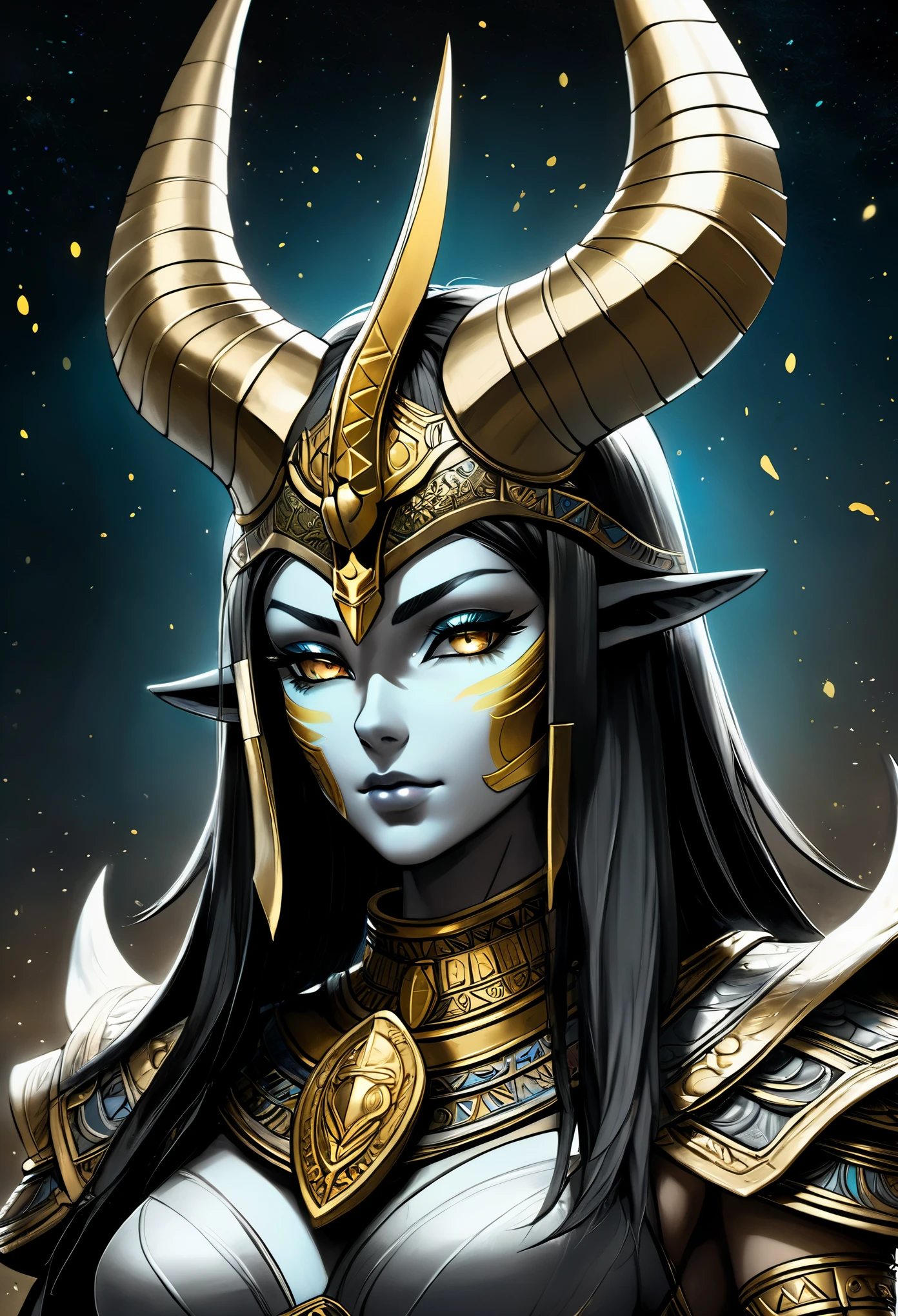 There is a digital painting, this painting is of an animal with a golden head and horns, portrait of a dragoon, mysterious Anubis Valkyrie, ultra-detailed fantasy figure, cyborg dragon portrait, photo of sleipnir, ghost of Anubis, 4k detail fantasy, polaroid counting trend, zbrush competition winner, drawn with zbrush, zbrush central competition winner, horse warrior, (The whole body all is a blood:3)