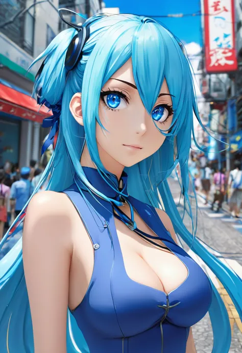 garota de anime parada na rua da cidade com cabelos longos e olhos azuis, trends on artstation pixiv, olhos roxos, gravata azul,...