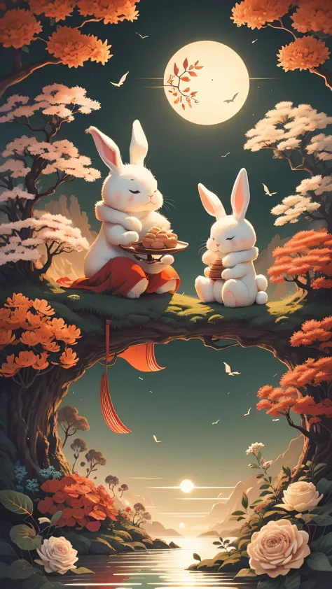 Two cute rabbits eating mooncakes，Surrounded by osmanthus trees，There is a bright moon in the sky，Mid-Autumn Festival，warm color...