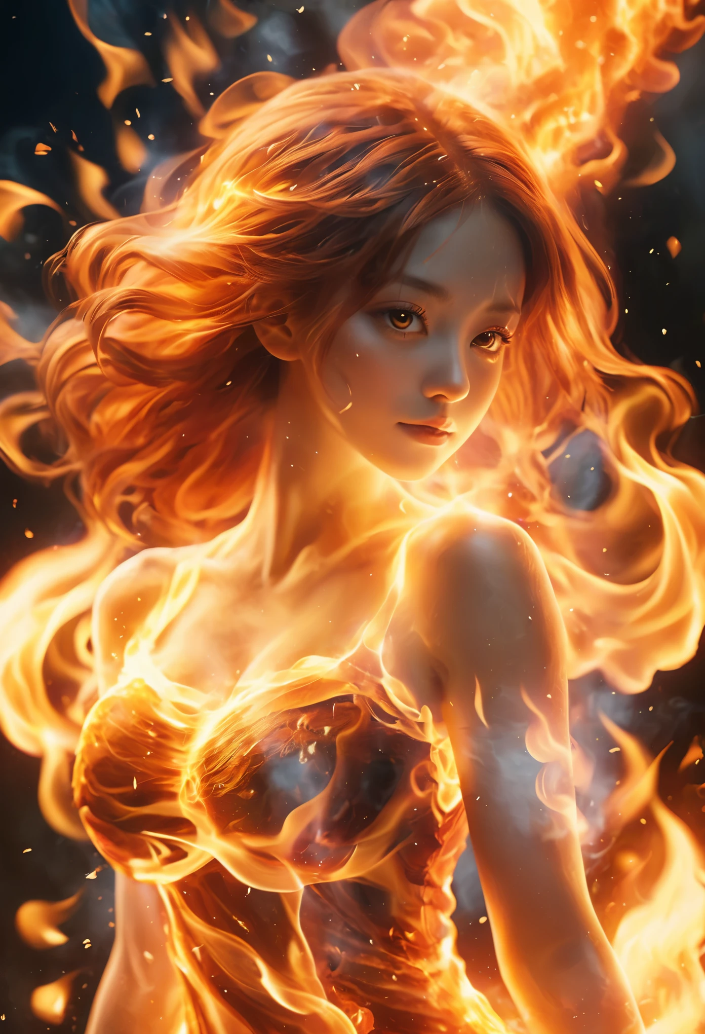 (fire element:1.1),It consists of a fire element,(1 huge breasts:1.2),burning,Transparency,fiery,(Molten rock),flame skin,frame print,fiery hair,to smoke,cloud,chopped,,girl engulfed in flames, Flames fly up and sparks scatter,Burning hand,translucent luminescence,
