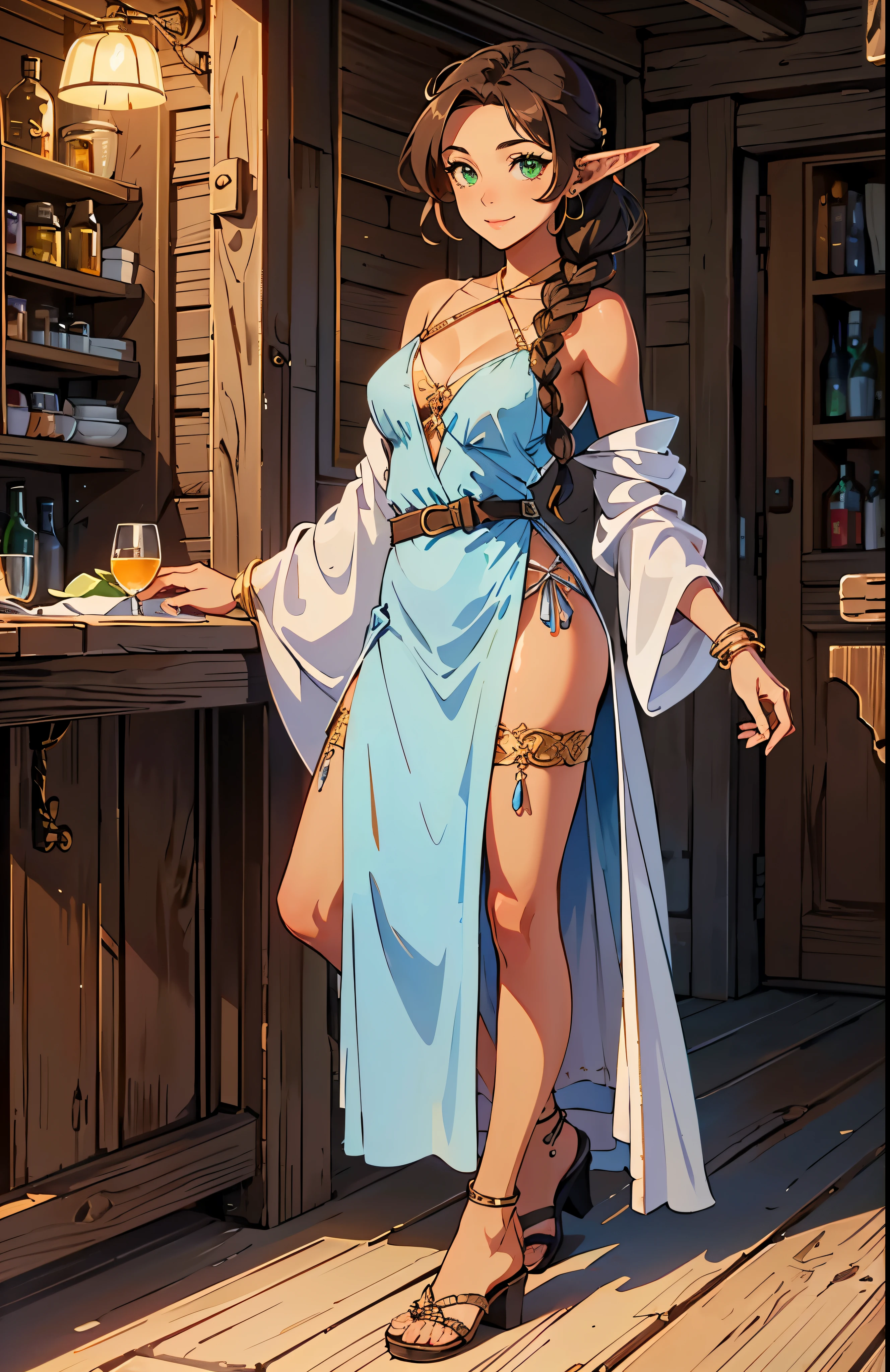 masterpiece, high quality, illustration, extremely detailed, cg unity 8k, ((summer: 1.4)), 1_women, (full body), (exotic tan skin_complexion:1.4), mature, statuesque, tall beautiful, exotic, with long elf ears, smiling, looking away from viewer, medium breast, wearing golden jewelry, golden bracelets, (wearing white and blue diaphanous robes), ((blue dress)), silk dress, low cut dress, nsfw, cleavage, ornate whip, on belt, bare_shoulders, (brown hair), (((long braided hair))), braided ponytail, detailed face having ((green eyes), dark_eyeliner, long_eyelashes), natural dynamic lighting casts detailed shadows, inside rustic tavern,