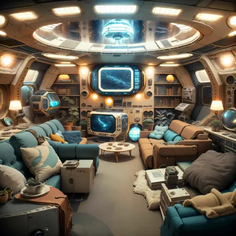 there is a room with a tv and couches in it, sci fi engine room living room, surreal sci fi set design, detailed spaceship inter...