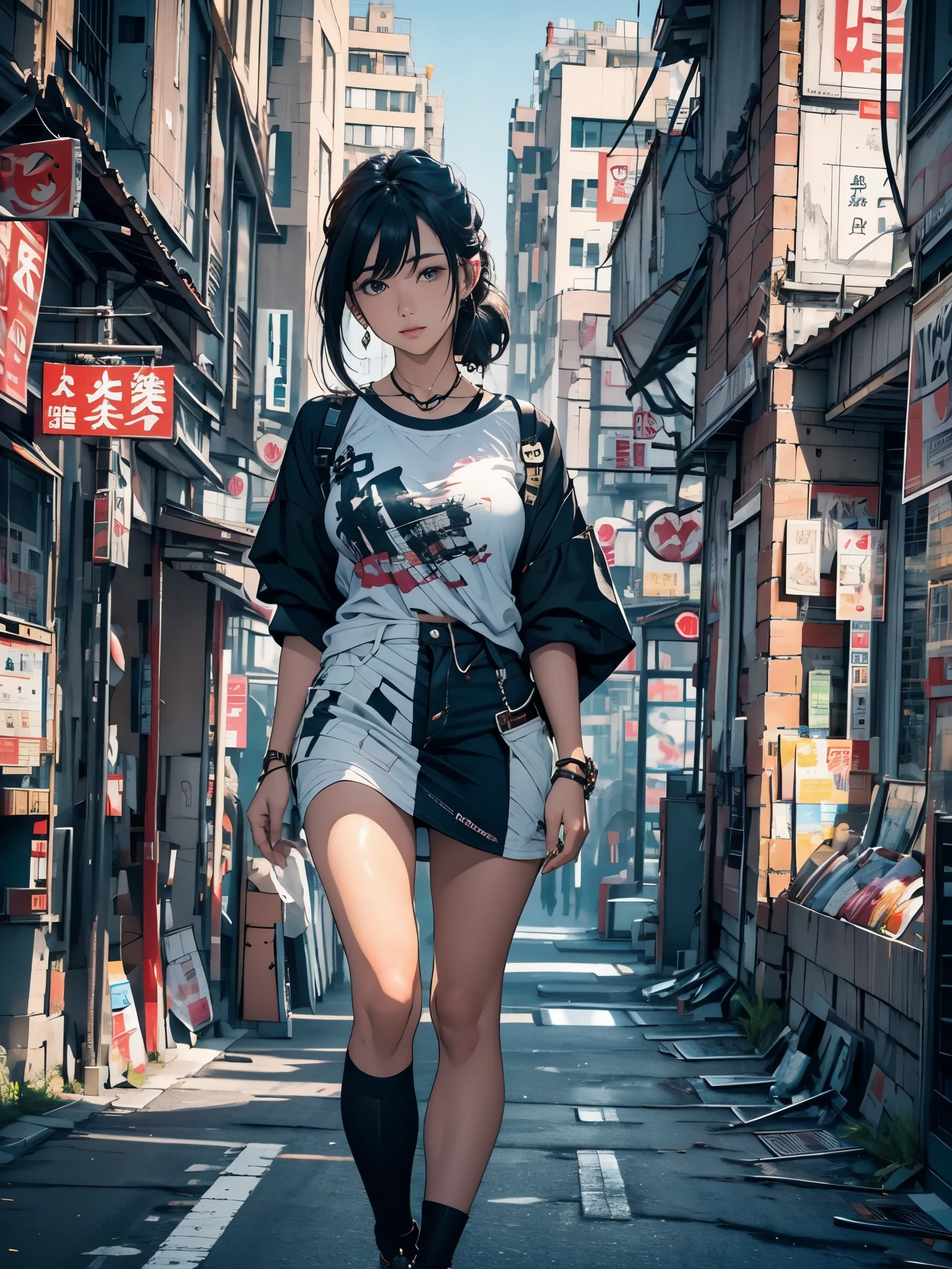 obra de arte, melhor qualidade, 8K, photographic reality, Realista, octane rendering, Busy urban streets in Japan (1 mulher: 1.4), (Apenas uma mulher na tela: 1.3), (camisa branca justa), (longos cabelos dourados), (Saia longa enrolada no quadril), (olhos azuis), corpo inteiro,