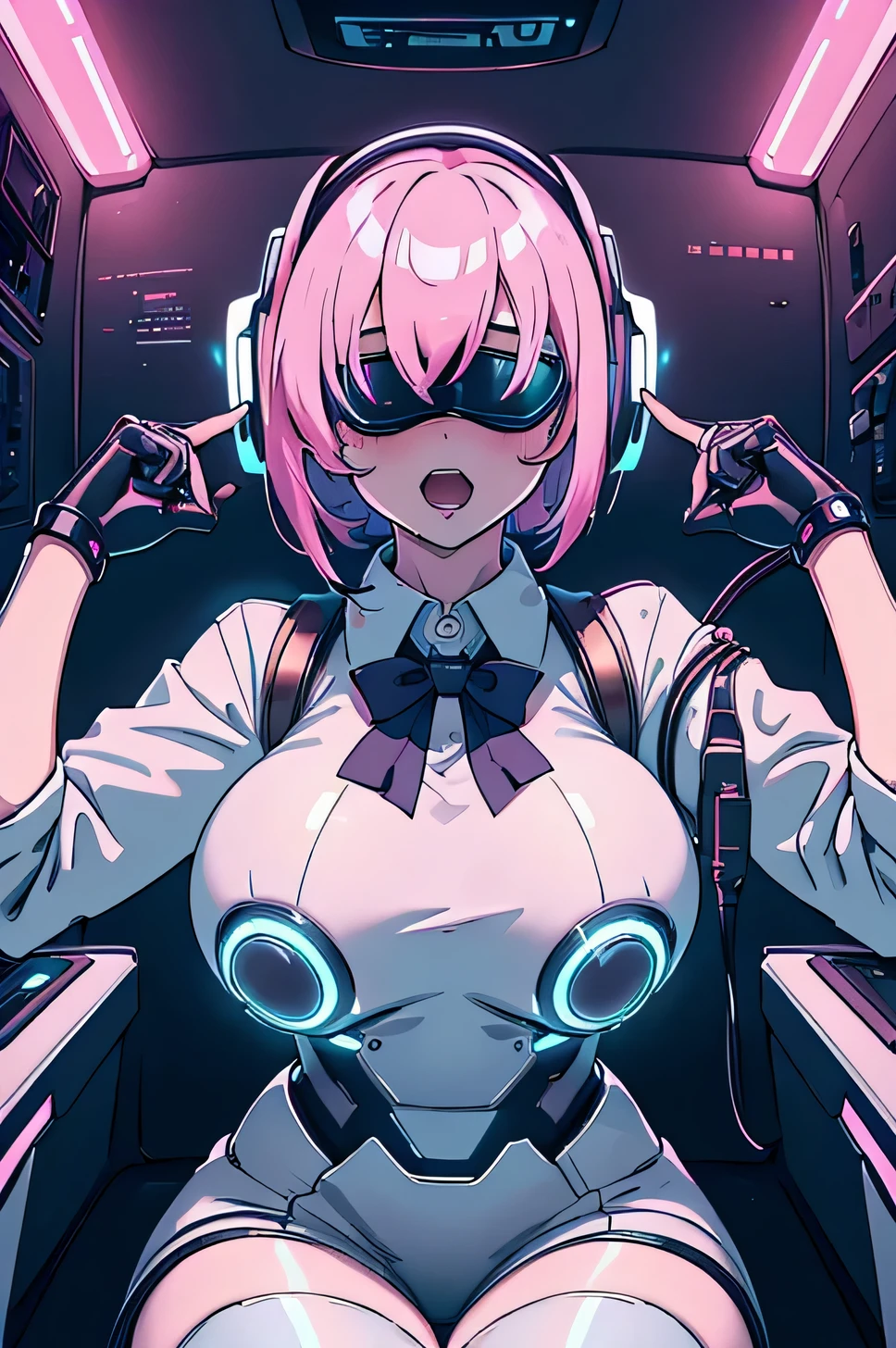 Anime cyborg girl sitting in a pilot seat wearing a virtual reality headset covering her eyes on her face with machinery and tubes and wires going inside her head and brain, (Best quality,highres:1.2), ultra-detailed, (realistic:1.3), cyberpunk, futuristic, portrait, shiny revealing latex outfit, cyber implants, virtual reality, drooling face, cables plugging into brain, shirt collar, bowtie, formal clothing, open mouth smile, facing viewer, girl is vibrating, glowing virtual reality headset, relaxed expression, blushing, cyber future formal wear, cyberpunk, futuristic, brain drain, cyber implants, virtual reality, drooling face, virtual reality headset covering eyes,  school uniform, big collar, high collar, open mouth smile, pleasured face expression, skin tight clothing, big shirt collar, big bowtie, biggest breasts in the world, light-emitting cable connected to brain, head antennas, oversized headphones, breasts are vibrating, open mouth drooling, blank expression, red face blush, cyborg, android, mechanical creature, mechanical torso, futuristic cyberpunk cyborg body, slim futuristic android, glowing lights on girls body, power cells, head is emitting pink light, formal shirt collar, big formal bowtie, school uniform, glowing nipples, big shirt collar, high collar, white collar, electrocution, girl being electrocuted, electricity, electricity sparks, pink hair, short hair, neon pink hair, body modification, orgasm, pleasure, (VR headset covering the eyes), vibrating breasts, vibrating girl, intense vibration, glowing nipples, lightbulb nipples, girl wearing large VR headset, glowing eyes, blank eyes, focused face expression