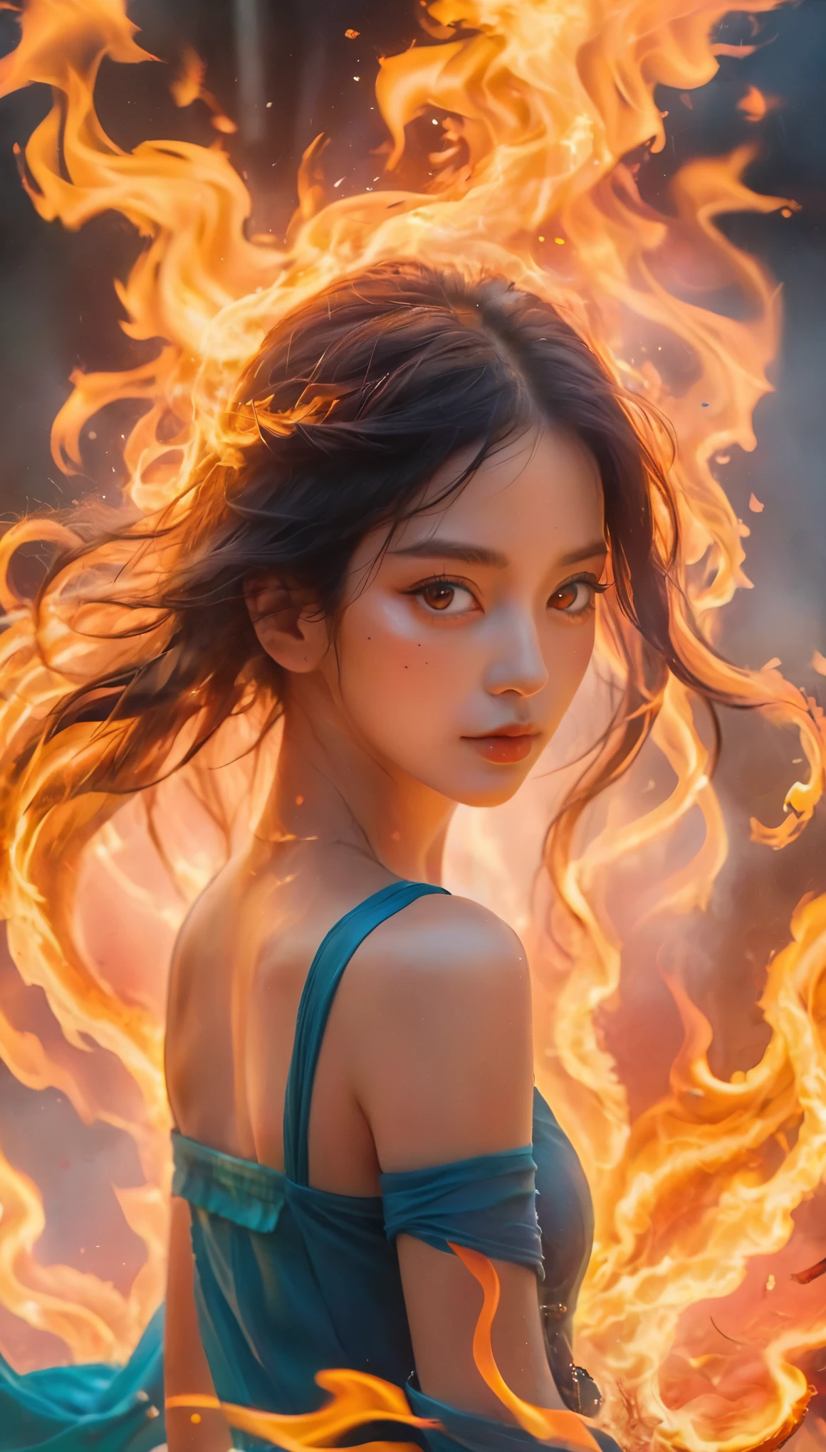(fire element:1.1),It consists of fire element,(1 huge breasts:1.2),fire,transparency,Burning,(molten rock),llama skin,Frame print,Burning hair,smoke,cloud,chopped,,girl engulfed in flames, Flames fly and sparks scatter,mano Burning,translucent luminescence,