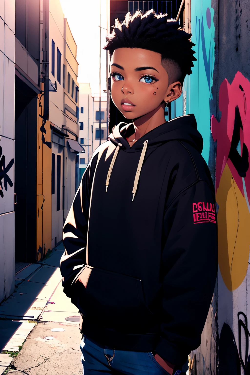 black boy, sweatshirt, beautiful detailed eyes, stylish haircut, urban setting, vibrant colors, street art, graffiti, cool pose, natural lighting, realistic, modern art style, high resolution, rich texture, youthful energy.
